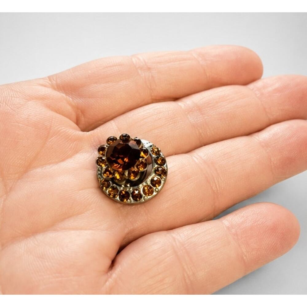 Vintage Orange Rhinestone Lapel Pin Back .75" Glass Flower Unisex Small so-38 - Picture 3 of 6